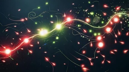 Emerging filament weaving red green light across dark backdrop, pulsing nodes and scattering sparks - Powered by Adobe