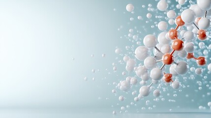 A visually striking molecular structure, blending white and orange atoms surrounded by floating bubbles, depicts the essence of scientific exploration and discovery in a captivating manner.