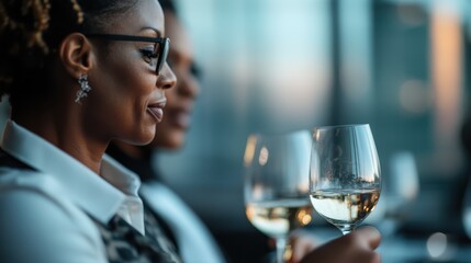Two women elegantly raise their wine glasses in celebration, capturing the essence of social connections, sophistication, and the joyful moments shared in a contemporary upscale environment.