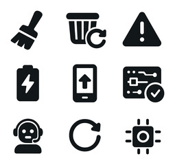 Robotic Tech Icons. Solid, filled icons set of robotic tech maintenance: cleaning brush, replace filter icon,