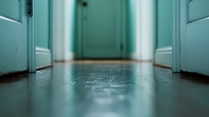An artistic photo capturing a serene hallway, elegantly lit in soft blue tones, inviting tranquility and contemplation as it stretches towards an unseen destination.
