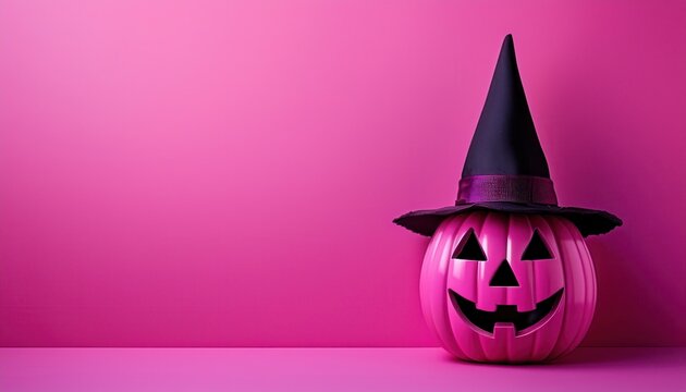 pink halloween pumpkin with carved face wearing black witch hat on vibrant magenta background for spooky web design, party poster, or branding concept

