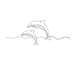 Bottlenose dolphins in single line draw illustration. Continuous one line drawing of dolphins fish. Editable stroke.