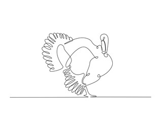 Turkey bird in single line draw illustration. Continuous one line drawing of turkey bird. Editable stroke.