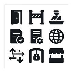 Market Access Icons. Solid, filled icons set of market access and trade barriers: open door, border icon,