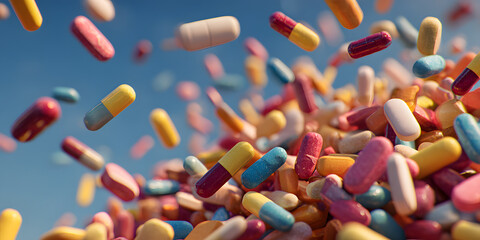 close-up of a pile of colorful pills flying from above. concept - medicine, allergy pills, medicinal products, diet