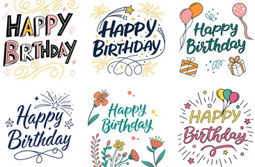 Naklejka premium Six Colorful Happy Birthday Designs Featuring Balloons Fireworks Flowers and Gifts