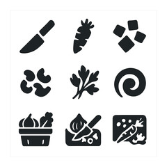 Fresh Stew Prep Icons. Solid, filled icons set of fresh veggie prep for stew: knife icon, veggie icon, fresh