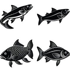 Fototapeta premium Four Elegant Black and White Fish Illustrations Perfect for Seafood Menus, Branding, or Design Projects