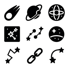 Astral Icon Grid. Solid, filled icons set of cosmic and astral connections: comet icon, planetary orbit,