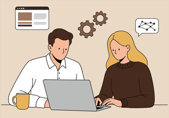 Cartoon vector illustration of a female doctor and male patient viewing an X-ray image on a computer in an office