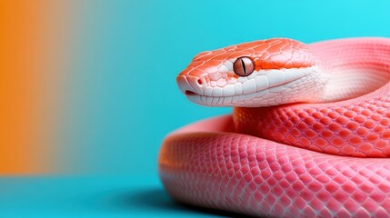 Fototapeta premium An alluring pink snake casually coiled on a bright, colorful background, highlighting the striking contrasts and emphasizing the beauty of its unique patterns and colors.