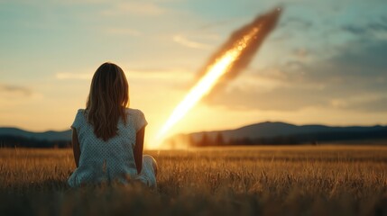 A contemplative young girl sits in a golden field, gazing at a brilliant meteor streaking across the sunset sky, capturing a moment of wonder and introspection.