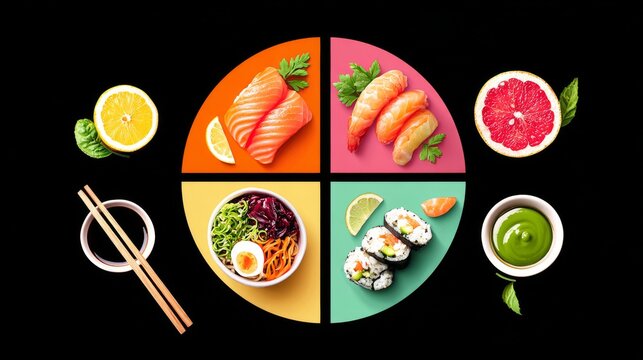 Japanese cuisine concept with sushi, sashimi, ramen, and citrus fruits on black background.