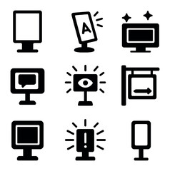 Digital Ad Icon Grid. Solid, filled icons set of digital advertising in public spaces: digital billboard, ad