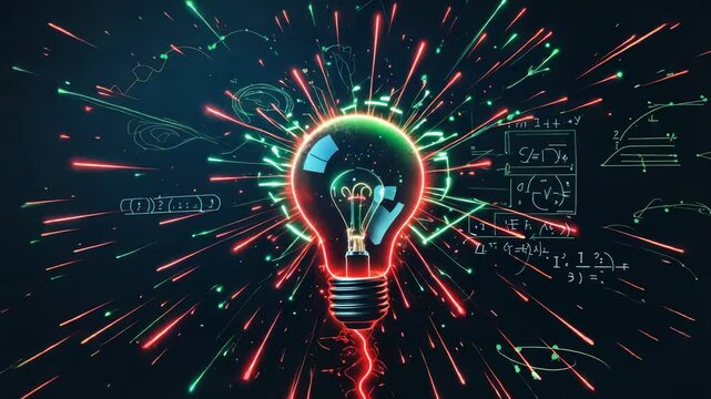 Flickering neon bulb pulsing on chalkboard, emitting beams revealing formulas, showing idea fusion