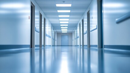 Obraz premium Futuristic and sterile hospital corridor with a vanishing point perspective, symbolizing the pathway to health, recovery, and medical innovation