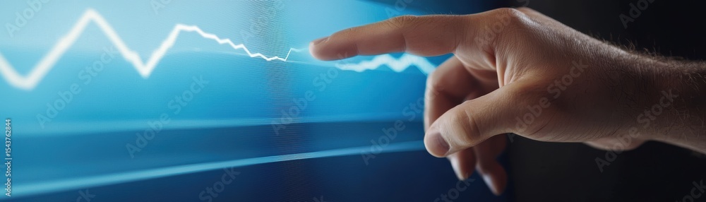 Aufkleber a hand interacts with a transparent digital interface displaying fluctuating data graphs and futuris
