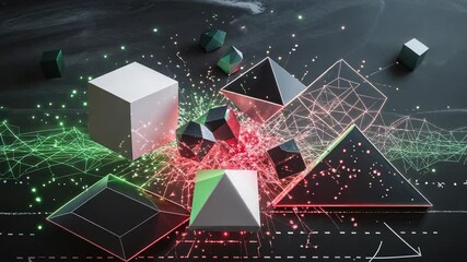 Cluster of white cube, dark polyhedra, pyramids pulsing on slate, with red sparks and green grid - Powered by Adobe