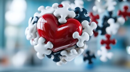 This vibrant digital image represents a heart made of puzzle pieces, symbolizing love and connection, with a modern aesthetic that fits various design needs.