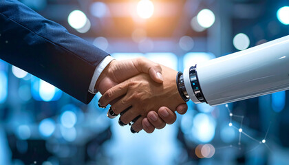 Human-Robot Collaboration: A human hand and a robotic hand shake, symbolizing collaboration between humans and artificial intelligence in the modern workplace.