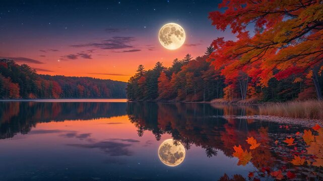 The Moon Illuminates a Serene Autumn Lake: A Beautiful Time Lapse of Vibrant Fall Scenery