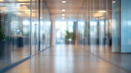 Modern corporate office interior background showing a blurred hallway with glass walls and reflections