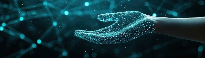A futuristic digital hand made of glowing blue network nodes and lines, symbolizing technology, connection, and innovation, virtual AI hologram