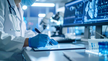 Scientist documenting research: A scientist in a lab coat and blue gloves meticulously documents research findings on a digital tablet, showcasing precision and dedication to scientific discovery.