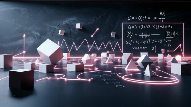Opening lab scene showing cubes and pyramids tilting on neon grid floor, highlighting math formula