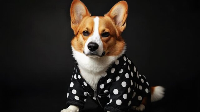 A happy corgi dog wearing a colorful polka dot shirt, perfect for pet photography or advertising