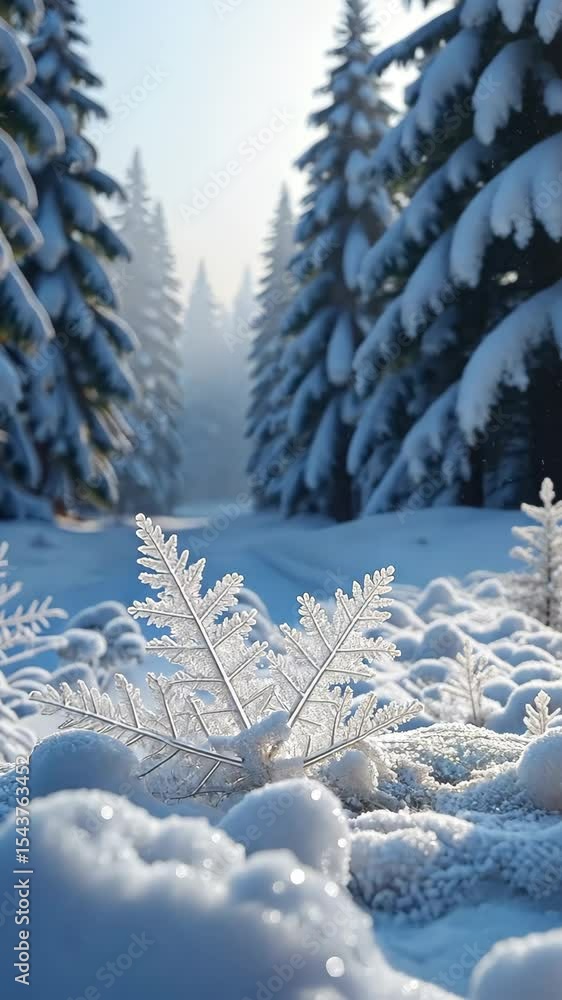 Poster macro snowflakes on fresh snow in a tranquil winter forest. peaceful snowy landscape with fir trees 