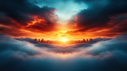 Fototapeta premium A mesmerizing mirrored landscape of a city at sunset, where colors and reflections create an artistic illusion emphasizing harmony between nature and urban life.