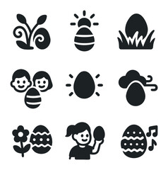 Easter Egg Icon Fest. Solid, filled icons set of outdoor Easter egg activities: garden swirl, sunny vibe, soft