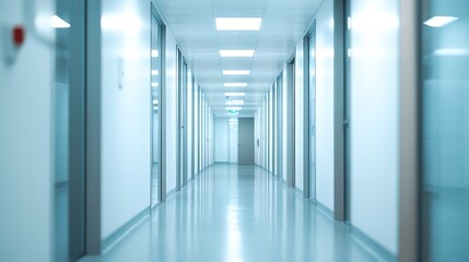 Fototapeta premium Perspective view down a bright and empty modern hospital corridor with reflective floors, a concept for healthcare, medicine, and science