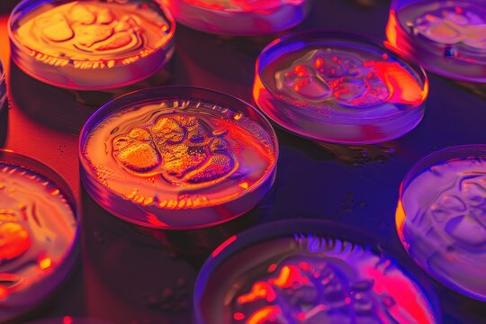 Vibrant bacteria colonies glow in petri dishes under colorful lab light. AI-generated.