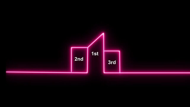 Animation of a neon  winner podium with 1st, 2nd, and 3rd place icon animation  on a black background.