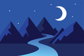 Obraz premium Stylized illustration of a night landscape with mountains, a river, a crescent moon, and stars.