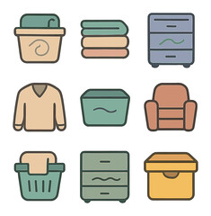 Stylish Clothing Icons Grid. Solid, filled icons set of color-coordinated clothing storage: pastel swirl,