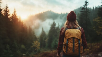 A lone hiker, wearing a backpack, stands against a breathtaking view of towering trees and misty mountains as the sun rises, symbolizing adventure and exploration.