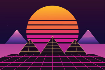 Retro-style digital artwork featuring pyramids, a sunset, and a grid pattern in vibrant, neon colors.
