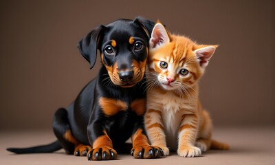 Adorable Doberman Pinscher Puppy and Ginger Kitten in Sweet Friendship Moment