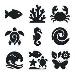 Obraz premium Ocean Life Icons. Solid, filled icons set of ocean life and biodiversity: fish icon, coral reef, crab swirl,