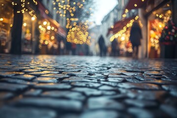 Blurred background of the street in an old town with shops, people, and lights.