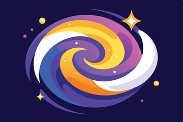 Abstract swirling galaxy illustration with vibrant colors, stars, and a dark blue background.