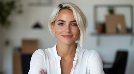 A confident young woman with short blonde hair smiles warmly at the camera, exuding positivity and approachability in a bright and modern setting filled with natural light.