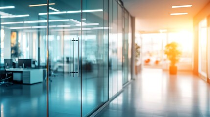 Sunlit corridor in a modern, empty office building with glass walls and workstations, representing a professional corporate environment