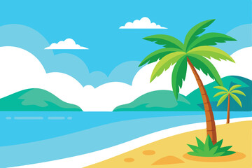 Fototapeta premium A vibrant cartoon beach scene with palm trees and a tranquil ocean.