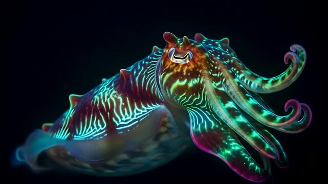 Glowing cuttlefish swimming. Underwater marine life, vibrant color transformation,  aquatic nature, wildlife,  deep sea, marine biology, scientific research, ocean exploration. Conservation film.