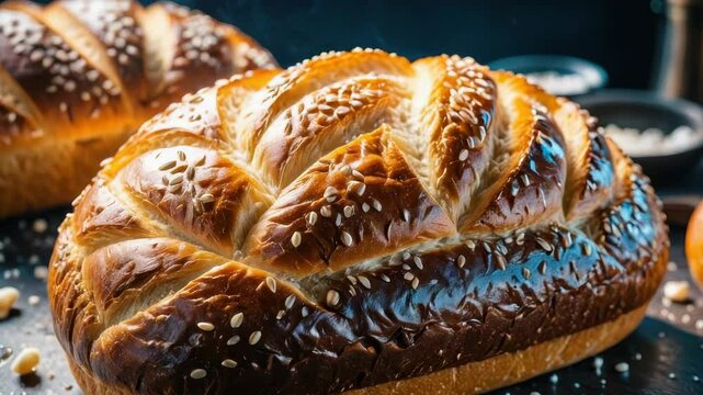 A close-up shot of a loaf of bread sitting on a table